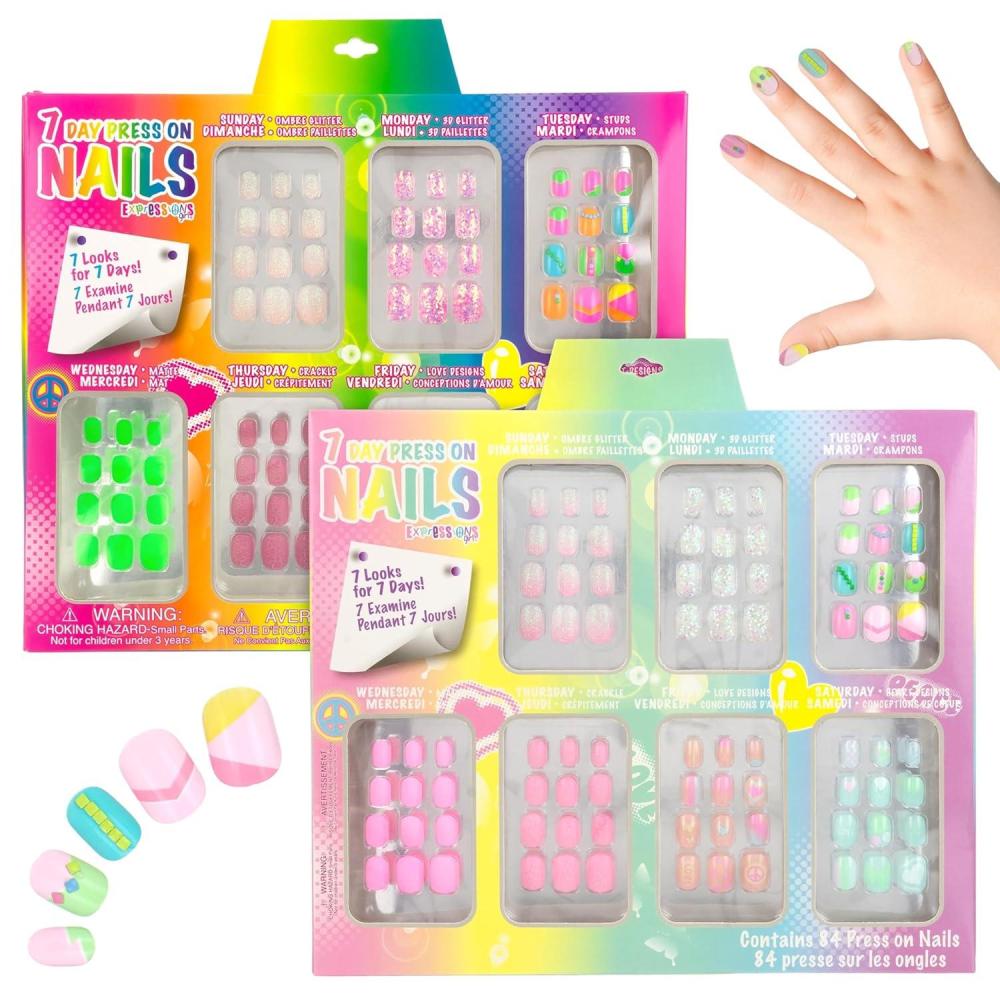 image:image7 Day Manicure Collection 84PC Press On Nail Set DayOfTheWeek Adhesive False Nails for Girls PARIS LOVE Collection Colorful Novelty Designs Stick On Nails For KidsBright