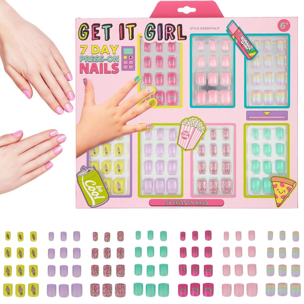 image:image7 Day Manicure Collection 84PC Press On Nail Set DayOfTheWeek Adhesive False Nails for Girls PARIS LOVE Collection Colorful Novelty Designs Stick On Nails For KidsGET IT GIRL