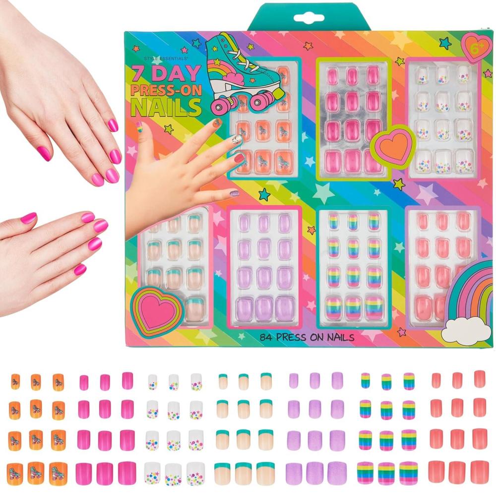 image:image7 Day Manicure Collection 84PC Press On Nail Set DayOfTheWeek Adhesive False Nails for Girls PARIS LOVE Collection Colorful Novelty Designs Stick On Nails For KidsBRIGHT RAINBOW