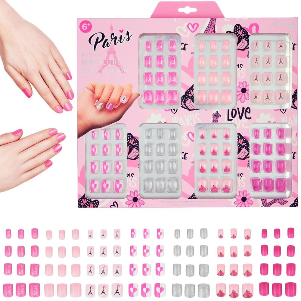 image:image7 Day Manicure Collection 84PC Press On Nail Set DayOfTheWeek Adhesive False Nails for Girls PARIS LOVE Collection Colorful Novelty Designs Stick On Nails For KidsPARIS LOVE