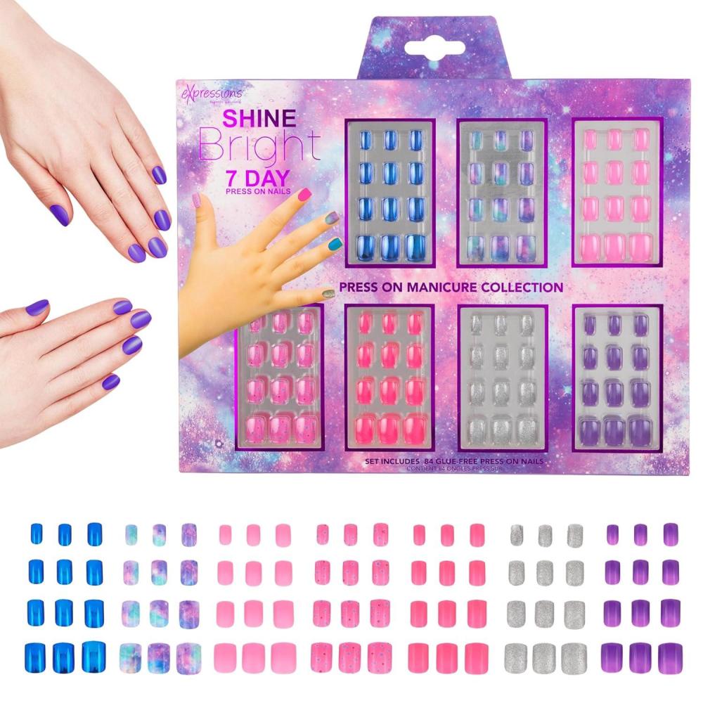 image:image7 Day Manicure Collection 84PC Press On Nail Set DayOfTheWeek Adhesive False Nails for Girls PARIS LOVE Collection Colorful Novelty Designs Stick On Nails For KidsShine Bright