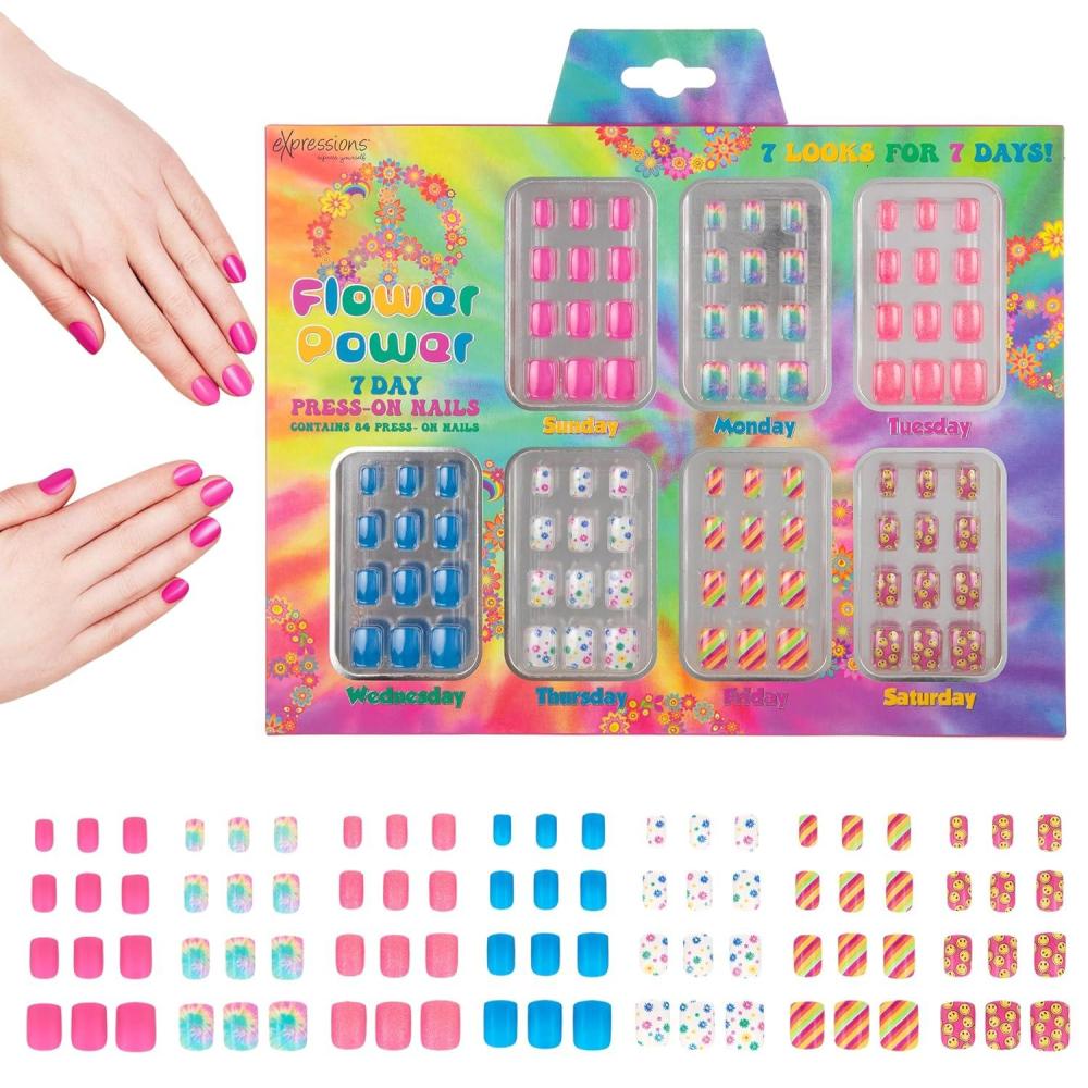 image:image7 Day Manicure Collection 84PC Press On Nail Set DayOfTheWeek Adhesive False Nails for Girls PARIS LOVE Collection Colorful Novelty Designs Stick On Nails For KidsFlower Power