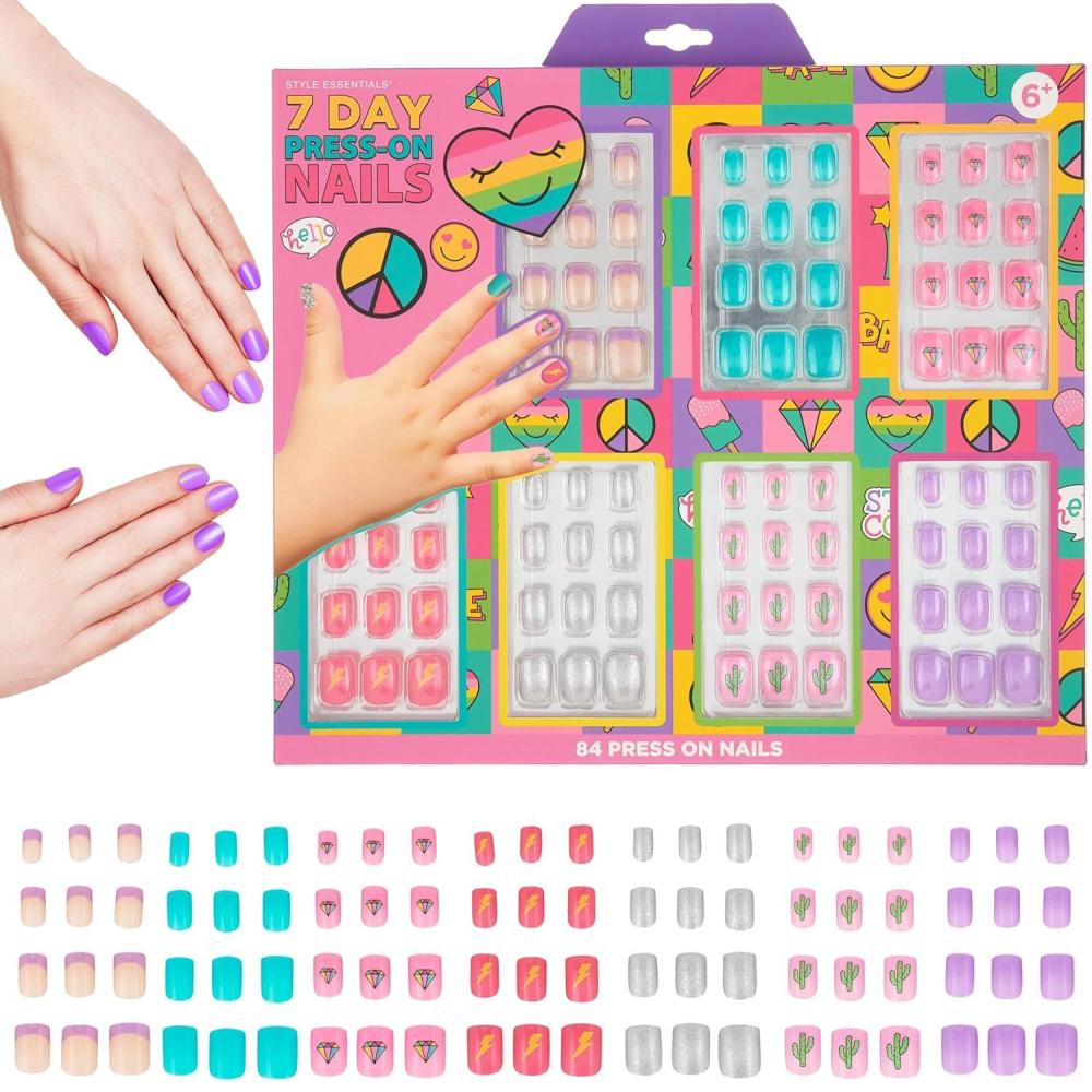 image:image7 Day Manicure Collection 84PC Press On Nail Set DayOfTheWeek Adhesive False Nails for Girls PARIS LOVE Collection Colorful Novelty Designs Stick On Nails For KidsPEACE