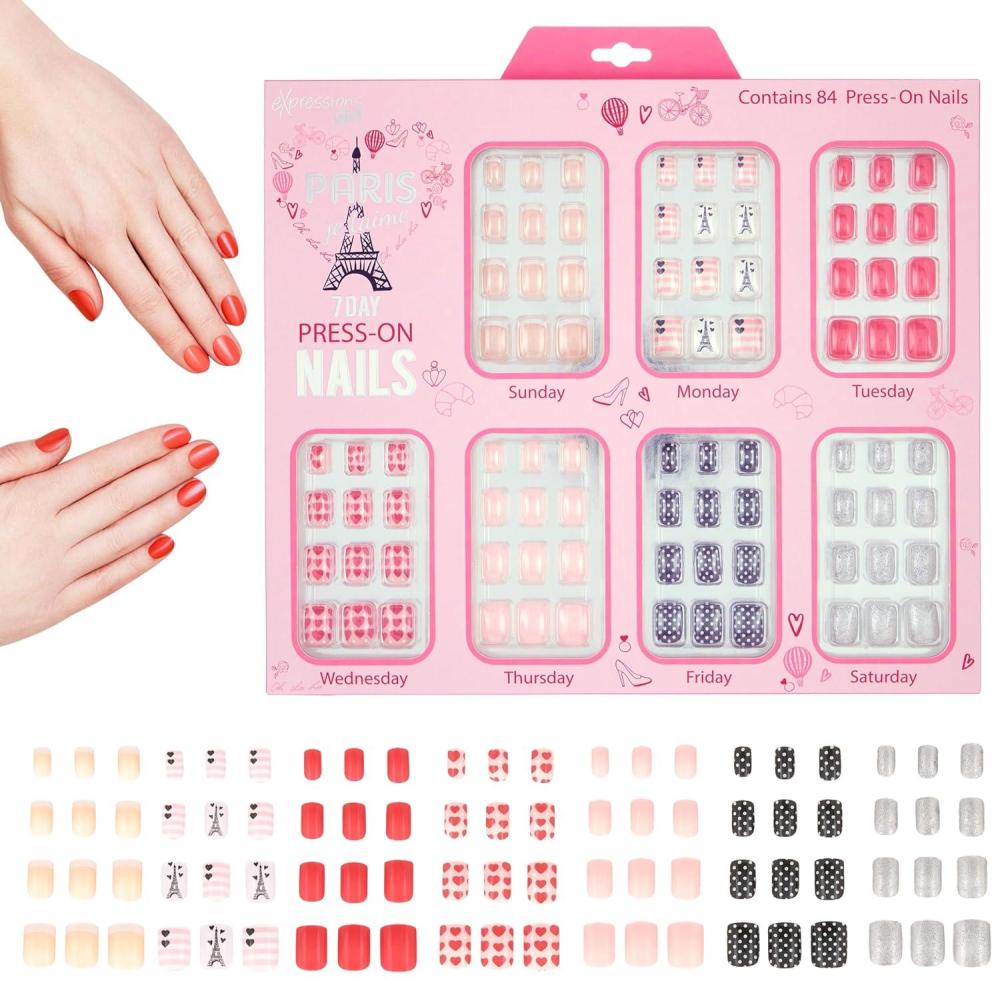image:image7 Day Manicure Collection 84PC Press On Nail Set DayOfTheWeek Adhesive False Nails for Girls PARIS LOVE Collection Colorful Novelty Designs Stick On Nails For KidsParis
