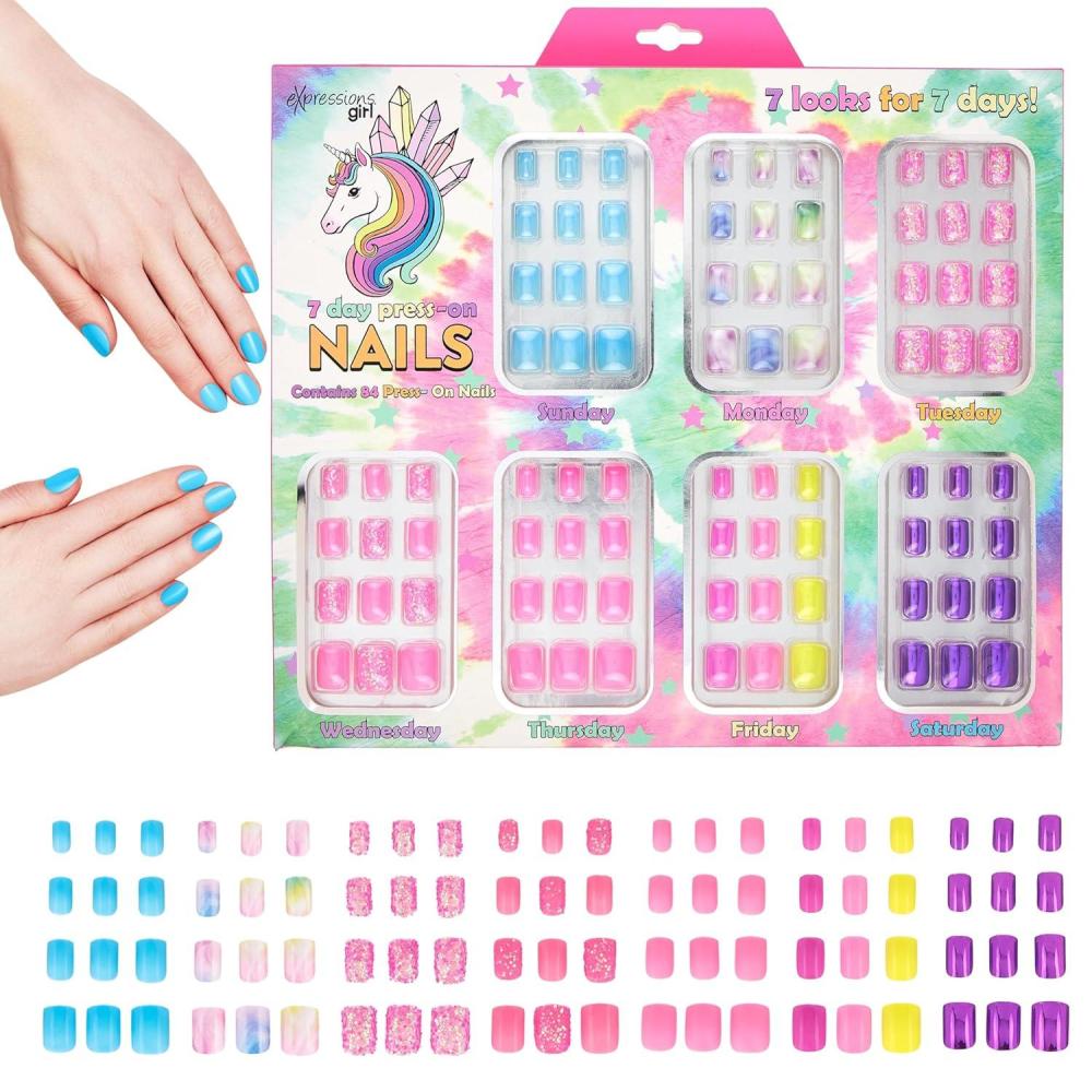 image:image7 Day Manicure Collection 84PC Press On Nail Set DayOfTheWeek Adhesive False Nails for Girls PARIS LOVE Collection Colorful Novelty Designs Stick On Nails For KidsUnicorn
