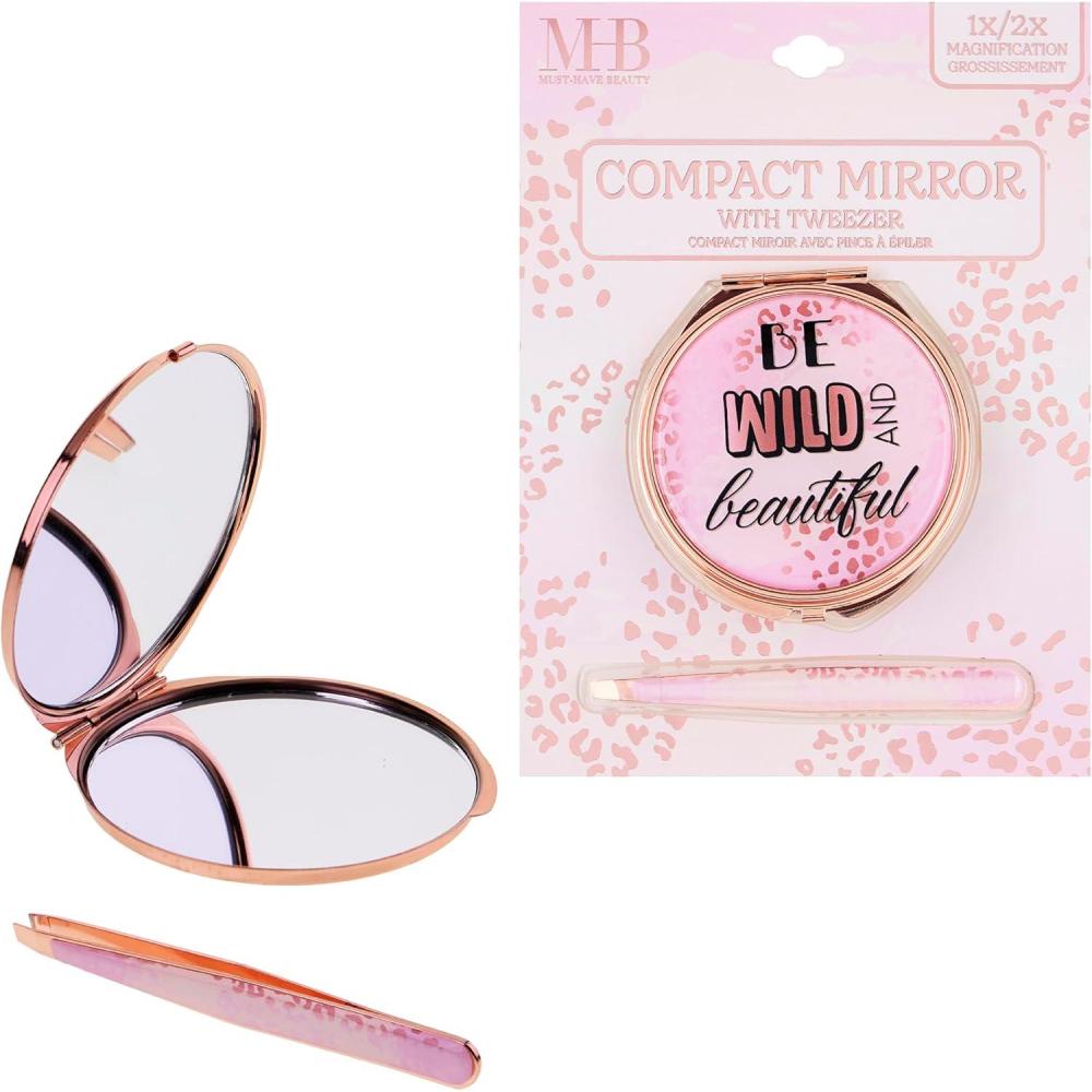 image:imageEXPRESSIONS 2pc Compact Mirror Tweezer Set 1x 2X Magnification Travel Pocket Cosmetic Matching Pluck Grooming Accessory Vanity Animal PrintAnimal Print
