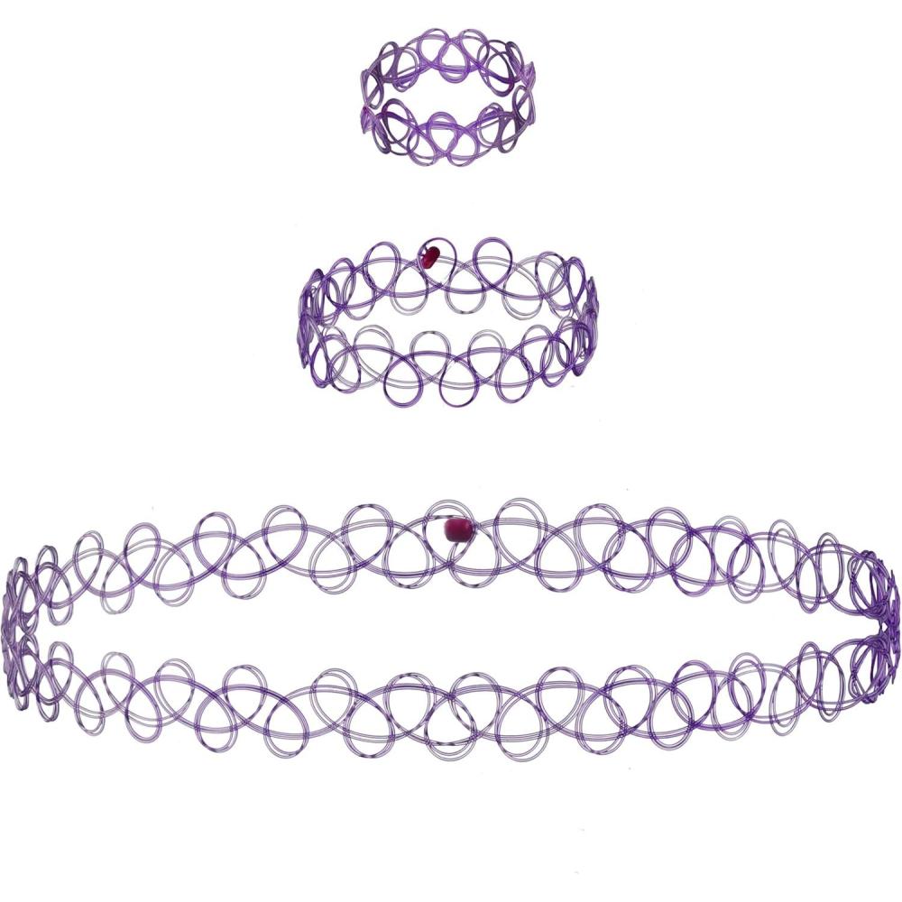 image:imageEXPRESSIONS 3pc Assorted Tattoo Stretch Jewelry Collection  Tattoo Choker Necklace Bracelet amp Ring Set  Stretchy Tattoo Effect Jewelry Accessories For Kids And AdultsPURPLE