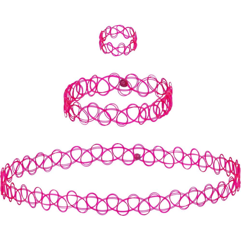 image:imageEXPRESSIONS 3pc Assorted Tattoo Stretch Jewelry Collection  Tattoo Choker Necklace Bracelet amp Ring Set  Stretchy Tattoo Effect Jewelry Accessories For Kids And AdultsPINK