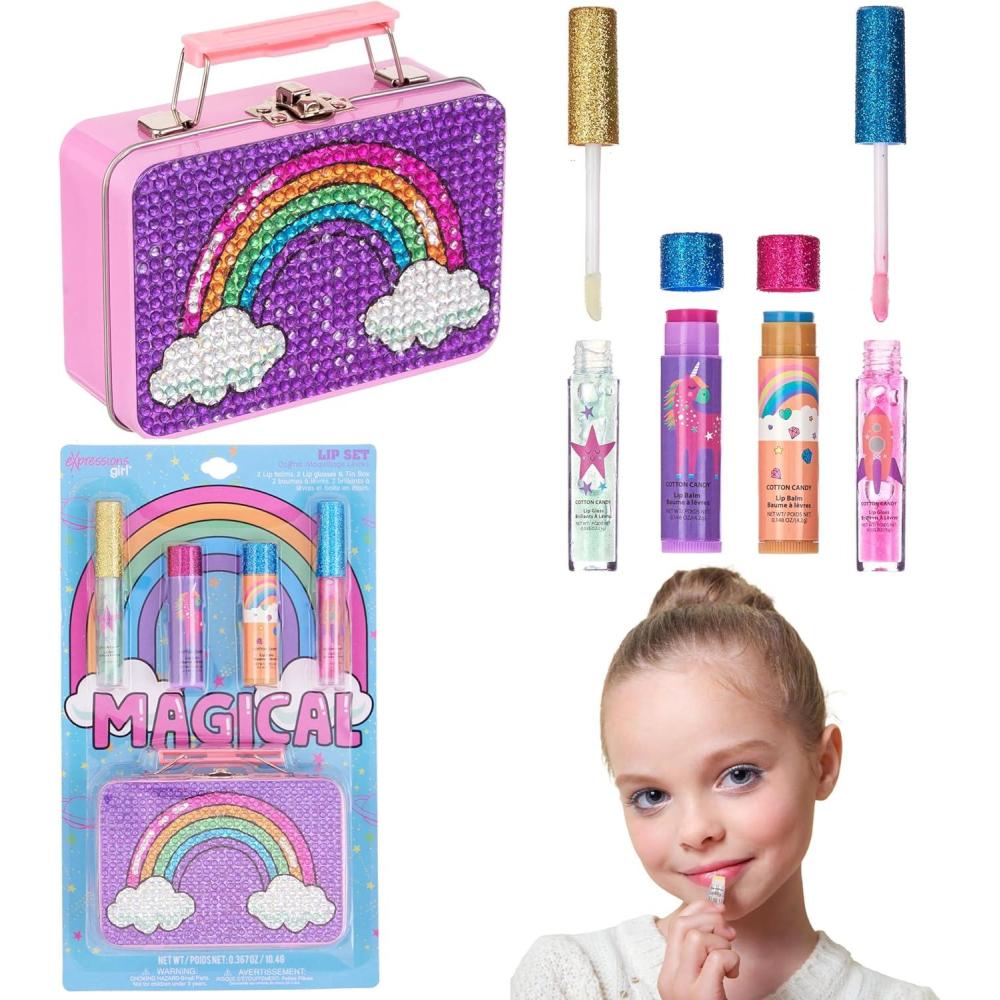 image:imageEXPRESSIONS 5pc Cosmetics Lip Kit For Kids wLip Glosses Lip Balms amp Tin Box Storage CaseI Believe in Unicorns HologrpahicWashable  Non ToxicMagical