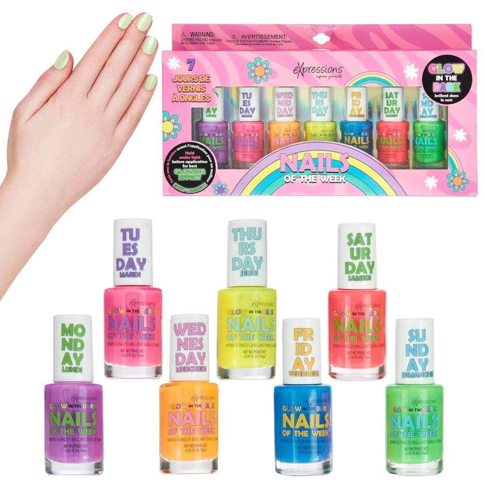 image:imageEXPRESSIONS 7pc Nails Of The Week Kit Colorful Nail Polish Set For Girls Assorted Bright amp Vibrant Nail Polishes WaterBased Nail Polish Safe and Non Toxic Manicure Set amp Pedicure KitGlowIndark