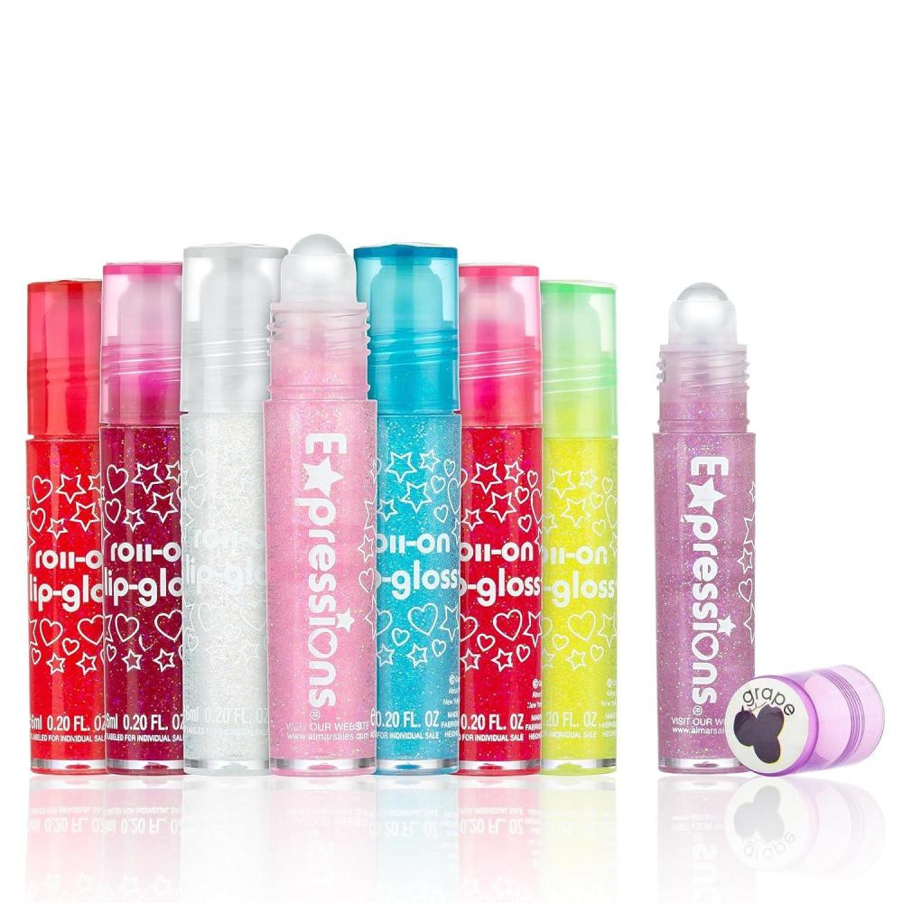 image:imageEXPRESSIONS 8pc RollerBall Glitter Lip Gloss Set 8 Assorted Fruit Flavored Roll On Rollerball Lip Gloss for Kids Safe Non Toxic Kids Makeup Set03 Fl Oz Pack of 8