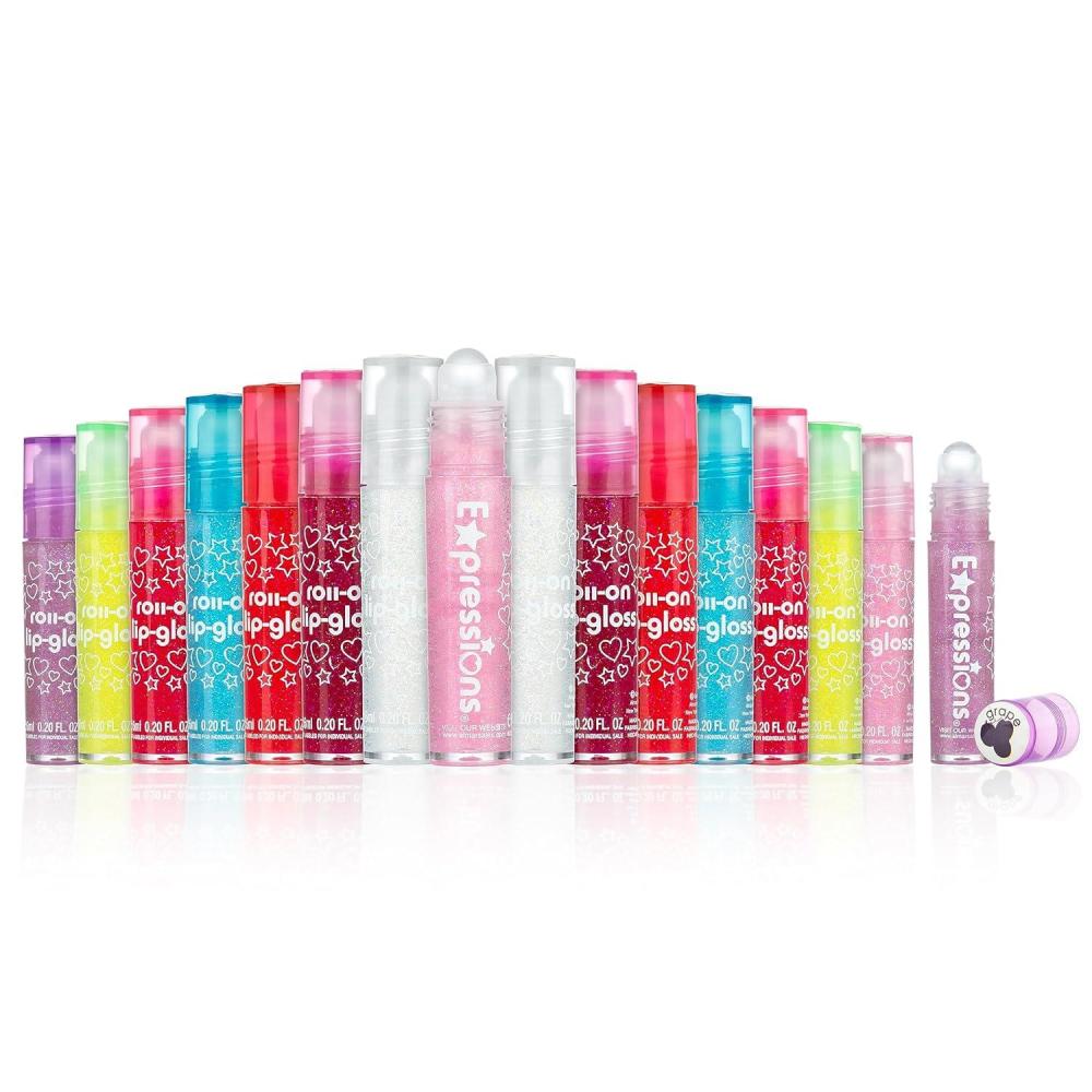 image:imageEXPRESSIONS 8pc RollerBall Glitter Lip Gloss Set 8 Assorted Fruit Flavored Roll On Rollerball Lip Gloss for Kids Safe Non Toxic Kids Makeup Set03 Fl Oz Pack of 16