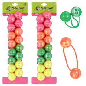 12pc Ponytailers Ponytail Balls Hair Elastics Collection, Metallic Hearts & Round Balls Multicolored Twin Hair Beads Bauble Hair Ties Ponytail Holders(NEON)