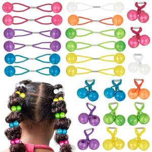 20pc Ponytailers Ponytail Balls Hair Elastics Collection, 18mm Round Opaque Multicolored Twin Hair Beads Bauble Hair Ties Ponytail Holders, Toddler Kids Bobble Hair Tie Value Pack(Glossy)