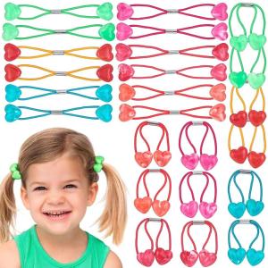 20pc Ponytailers Ponytail Balls Hair Elastics Collection, 18mm Round Opaque Multicolored Twin Hair Beads Bauble Hair Ties Ponytail Holders, Toddler Kids Bobble Hair Tie Value Pack(Hearts)