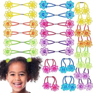 20pc Ponytailers Ponytail Balls Hair Elastics Collection, 18mm Round Opaque Multicolored Twin Hair Beads Bauble Hair Ties Ponytail Holders, Toddler Kids Bobble Hair Tie Value Pack(Flower Twin)