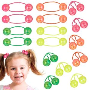 20pc Ponytailers Ponytail Balls Hair Elastics Collection, 18mm Round Opaque Multicolored Twin Hair Beads Bauble Hair Ties Ponytail Holders, Toddler Kids Bobble Hair Tie Value Pack(Neon)