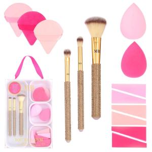 21pc Beauty Set Glam Gem Rhinestone Handle Brush Collection with Assorted Blender Sponge Wedge Cosmetic Application Tools Kit for Face