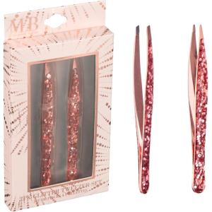2pc Glitter Tweezer Set in Rose Gold – Pointed For Fine Ingrown Hair & Slanted For Precision Grooming | Pack of 2 Tweezers For Women, Everyday Hair Tweezers For Plucking(Rose Gold)