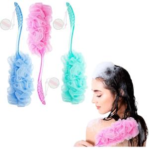 3pc Luxury Loofah Set – Round Loofah Stick, Shower Scrubber with Long Handle and Loop for Easy Hanging, Exfoliating Body Scrubber Value Pack(Multi)