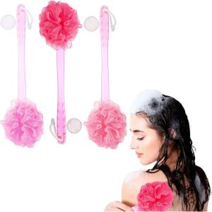 3pc Luxury Loofah Set – Round Loofah Stick, Shower Scrubber with Long Handle and Loop for Easy Hanging, Exfoliating Body Scrubber Value Pack(Pink)
