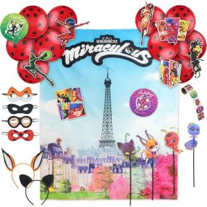 50pc Miraculous Ladybug All-in-One Birthday Party Supplies Set | Zag Heroez Celebration Kit with Backdrop, Props & Tableware