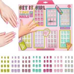 7 Day Manicure Collection – 84PC Press On Nail Set, Day-Of-The-Week Adhesive False Nails for Girls (PARIS LOVE Collection) – Colorful Novelty Designs Stick On Nails For Kids(GET IT GIRL)