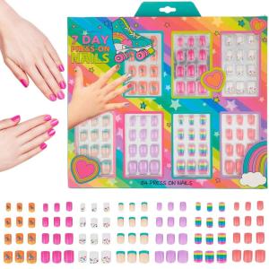 7 Day Manicure Collection – 84PC Press On Nail Set, Day-Of-The-Week Adhesive False Nails for Girls (PARIS LOVE Collection) – Colorful Novelty Designs Stick On Nails For Kids(BRIGHT RAINBOW)