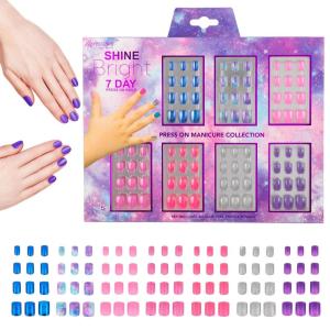 7 Day Manicure Collection – 84PC Press On Nail Set, Day-Of-The-Week Adhesive False Nails for Girls (PARIS LOVE Collection) – Colorful Novelty Designs Stick On Nails For Kids(Shine Bright)