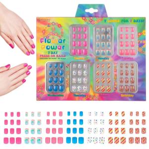 7 Day Manicure Collection – 84PC Press On Nail Set, Day-Of-The-Week Adhesive False Nails for Girls (PARIS LOVE Collection) – Colorful Novelty Designs Stick On Nails For Kids(Flower Power)