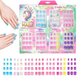 7 Day Manicure Collection – 84PC Press On Nail Set, Day-Of-The-Week Adhesive False Nails for Girls (PARIS LOVE Collection) – Colorful Novelty Designs Stick On Nails For Kids(Unicorn)