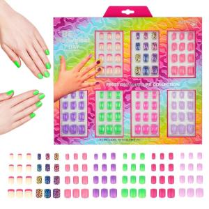7 Day Manicure Collection – 84PC Press On Nail Set, Day-Of-The-Week Adhesive False Nails for Girls (PARIS LOVE Collection) – Colorful Novelty Designs Stick On Nails For Kids(Meowgirl)