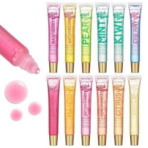 EXPRESSIONS 12pc Lip Oil Set – Flavored Lip Oils Value Pack, Hydrating Lip Oils w/Squeeze Tube Application, Moisturizing Lip Oil Collection for Everyday Lip Care and Lip Repair (FRUITS)(Vitamin E)