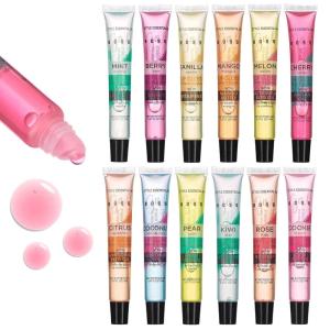 EXPRESSIONS 12pc Lip Oil Set – Flavored Lip Oils Value Pack, Hydrating Lip Oils w/Squeeze Tube Application, Moisturizing Lip Oil Collection for Everyday Lip Care and Lip Repair (FRUITS)(Lip Oils)