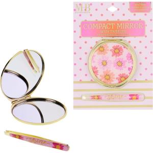 EXPRESSIONS 2pc Compact Mirror Tweezer Set 1x 2X Magnification Travel Pocket Cosmetic Matching Pluck Grooming Accessory Vanity (Animal Print)(Floral Print)