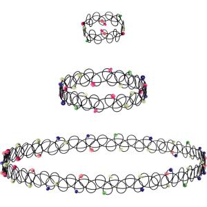EXPRESSIONS 3pc Assorted Tattoo Stretch Jewelry Collection – Tattoo Choker Necklace, Bracelet & Ring Set – Stretchy Tattoo Effect Jewelry Accessories For Kids And Adults(BLACK-)