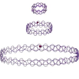 EXPRESSIONS 3pc Assorted Tattoo Stretch Jewelry Collection – Tattoo Choker Necklace, Bracelet & Ring Set – Stretchy Tattoo Effect Jewelry Accessories For Kids And Adults(PURPLE)