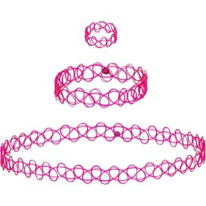 EXPRESSIONS 3pc Assorted Tattoo Stretch Jewelry Collection – Tattoo Choker Necklace, Bracelet & Ring Set – Stretchy Tattoo Effect Jewelry Accessories For Kids And Adults(PINK)