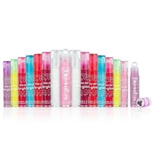 EXPRESSIONS 8pc Roller-Ball Glitter Lip Gloss Set, 8 Assorted Fruit Flavored Roll On Rollerball Lip Gloss for Kids, Safe, Non Toxic Kids Makeup Set(0.3 Fl Oz (Pack of 16))
