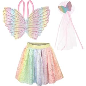 EXPRESSIONS Halloween Dress Up Rainbow Princess Butterfly Costume Skirt, Wings and Wand Set, Children Ages 3-10, One Size Fits All