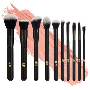 Expressions 10pc Pro Makeup Brush Set in Black – 10 Quality Soft Bristle Makeup Brushes For Everyday Use – Professional Makeup Brushes & Tools(Black/Gold)