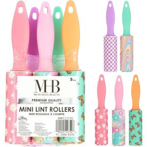 Expressions 5pc Mini Lint Rollers Value Pack – Colorful Compact Mini Lint Roller for Travel, Household Essentials Pet Hair Removal Tool & Lint Removers for Clothing (Retro)(Retro)