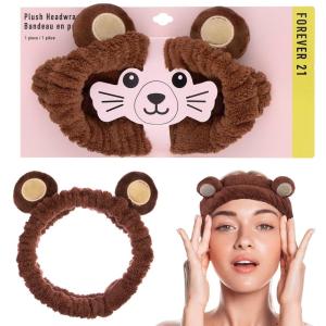 Forever 21 Plush Headwrap -Brown Bear Plush Spa Headband, Kawaii Headband for Washing Face | Spa Essentials & Self Care Accessories