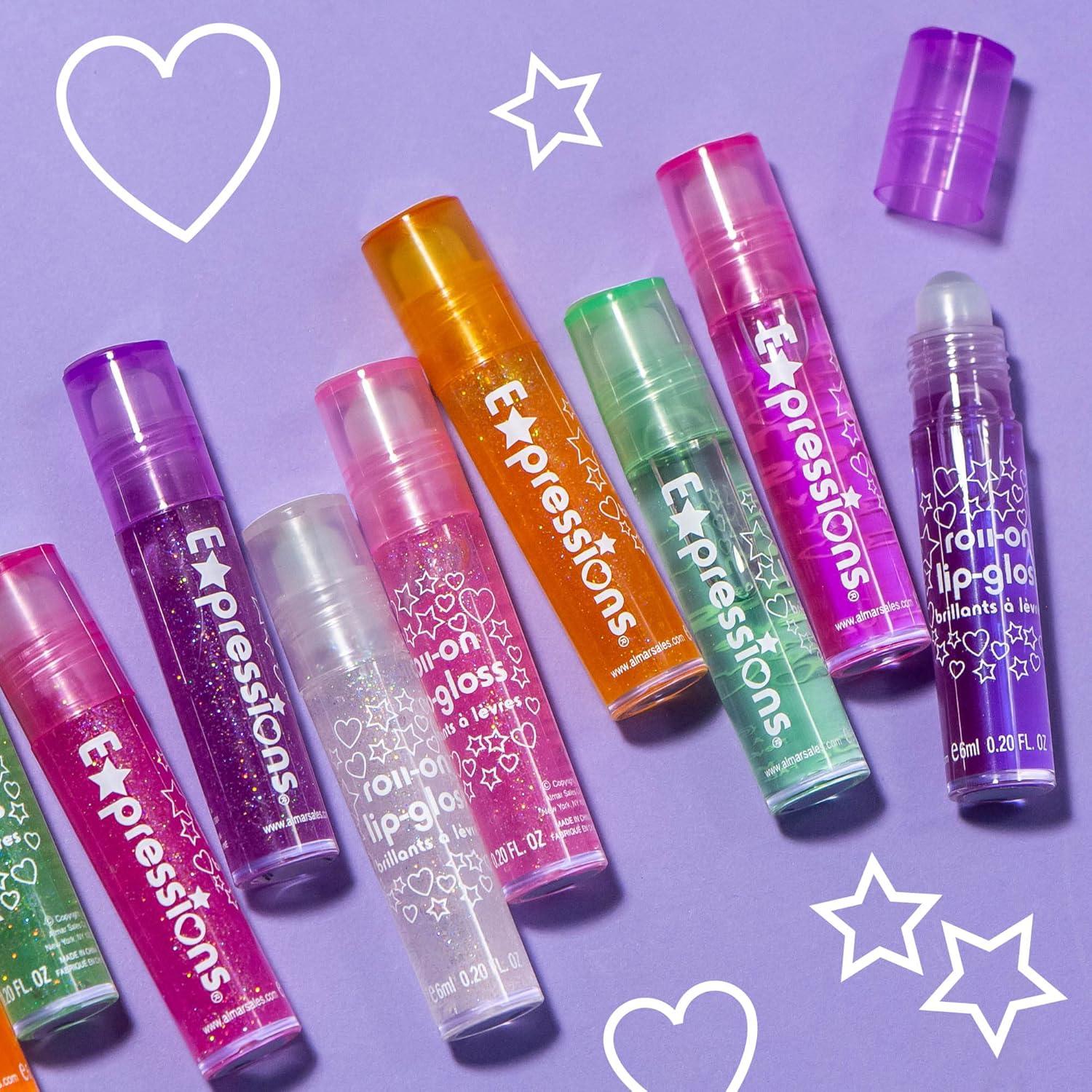 image:imageEXPRESSIONS 12pc Roll On Lip Gloss Set with Carrying Case 12Piece Glossy Lip Makeup Assorted Fruity Flavors Non Toxic Kid Friendly Party Gift Best Friends