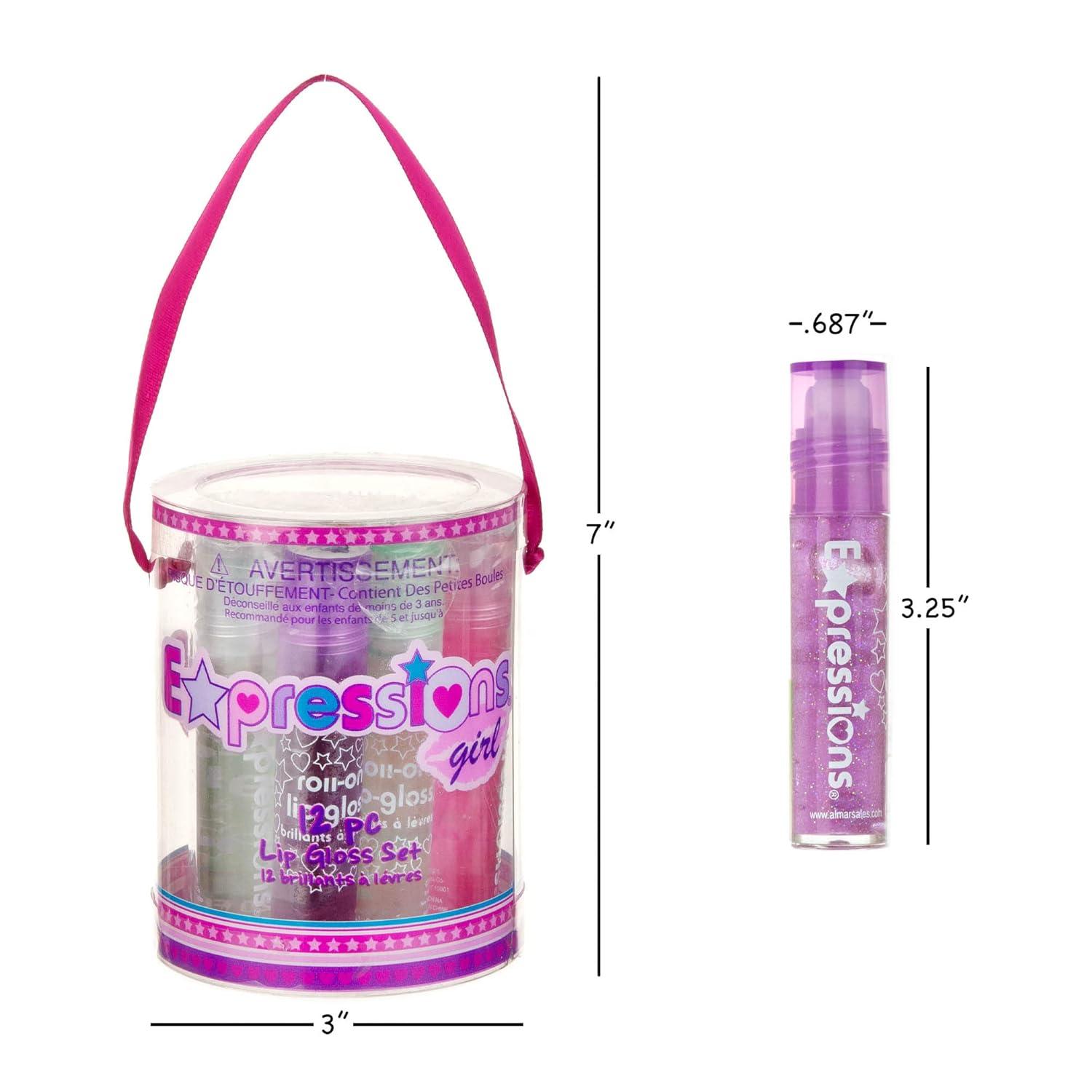 image:imageEXPRESSIONS 12pc Roll On Lip Gloss Set with Carrying Case 12Piece Glossy Lip Makeup Assorted Fruity Flavors Non Toxic Kid Friendly Party Gift Best Friends