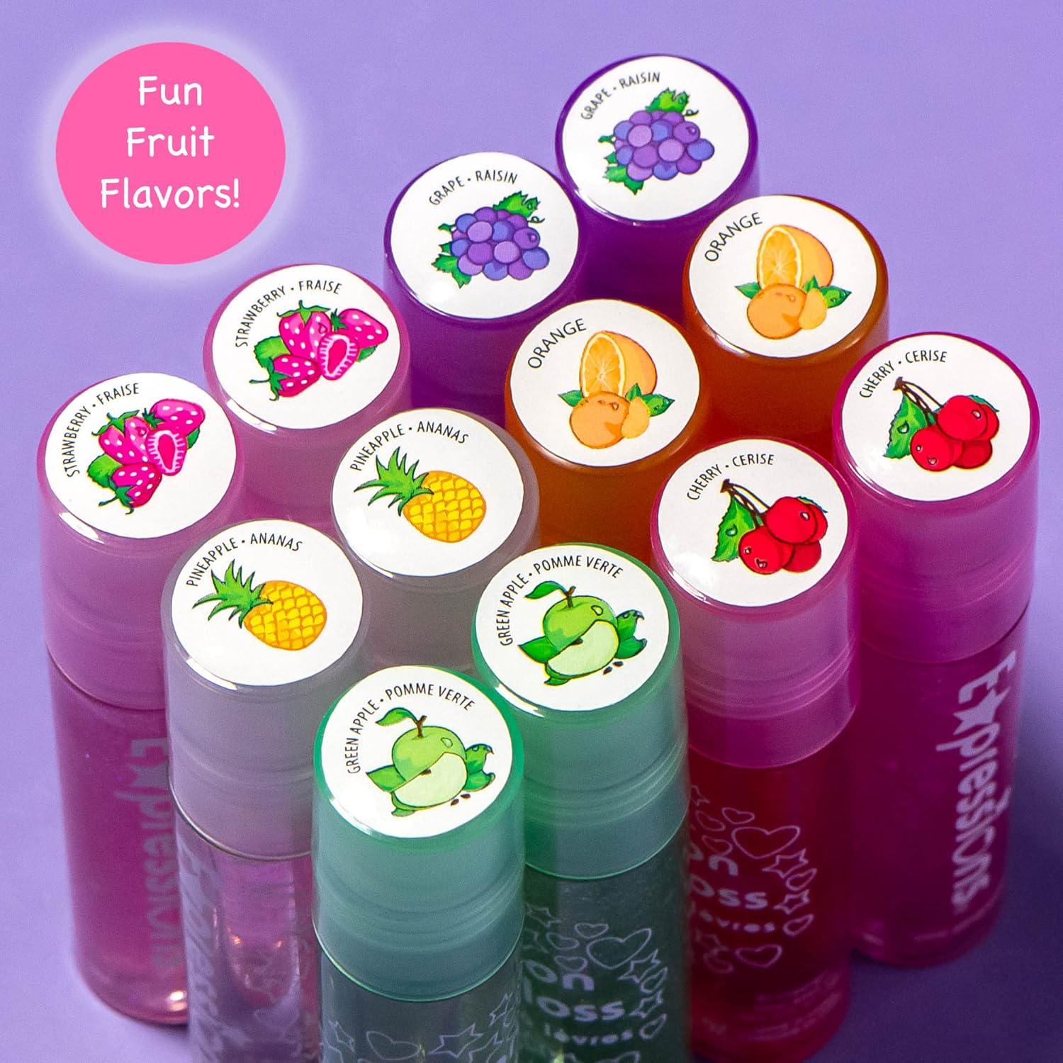 image:imageEXPRESSIONS 12pc Roll On Lip Gloss Set with Carrying Case 12Piece Glossy Lip Makeup Assorted Fruity Flavors Non Toxic Kid Friendly Party Gift Best Friends