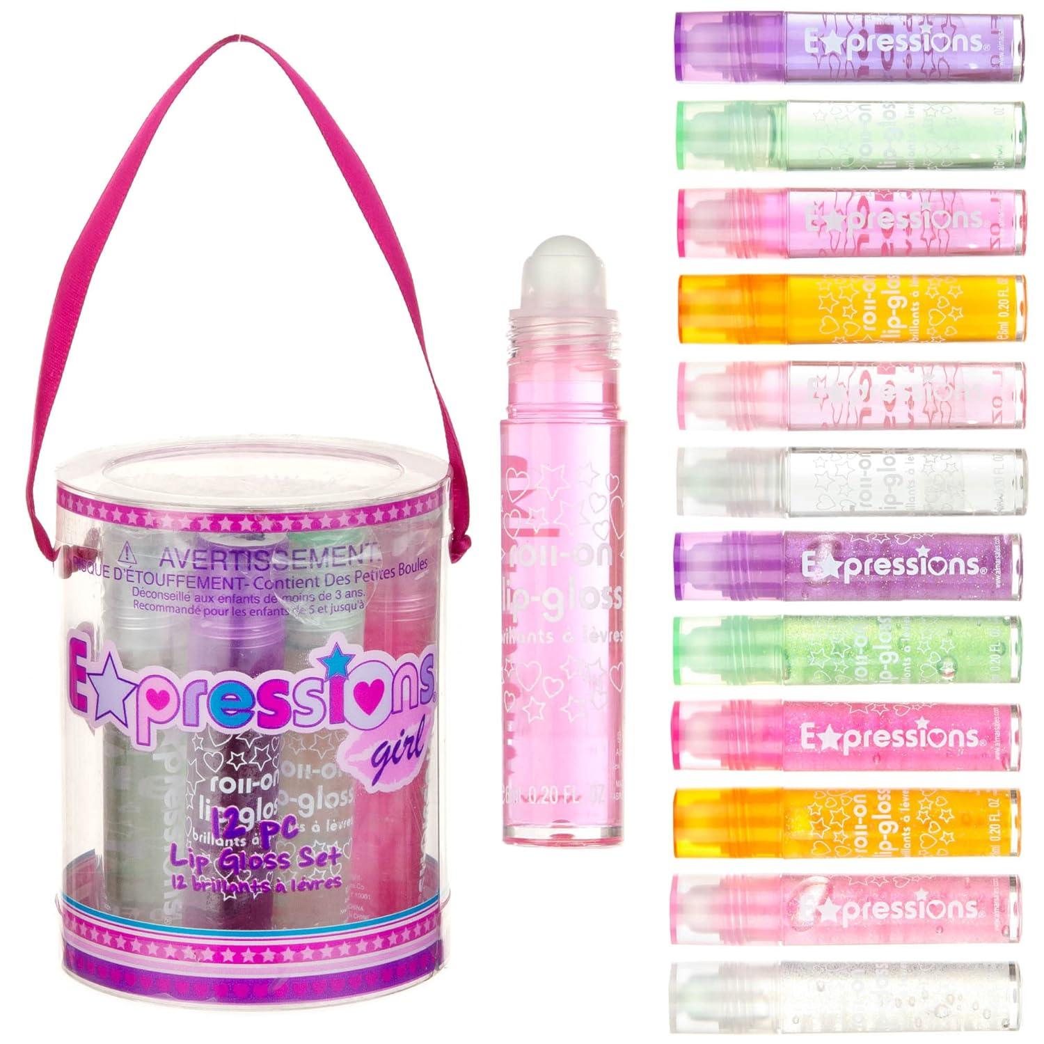 image:imageEXPRESSIONS 12pc Roll On Lip Gloss Set with Carrying Case 12Piece Glossy Lip Makeup Assorted Fruity Flavors Non Toxic Kid Friendly Party Gift Best Friends