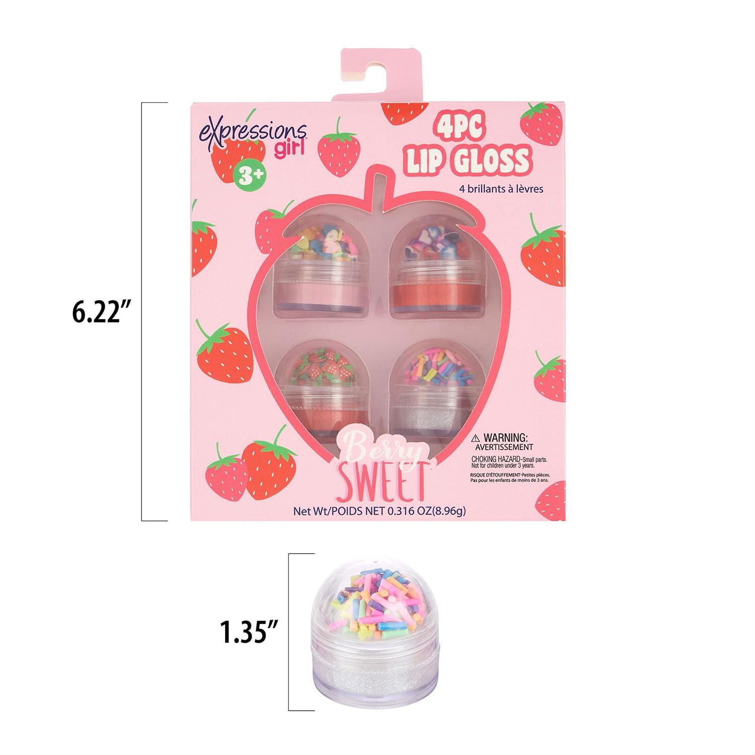 image:imageEXPRESSIONS 4pc Lip Gloss with Confetti Top Berry Sweet Fruity Flavored Lip Gloss For Girls Safe and NonToxic Confetti Lip Gloss Gift Set For Girls