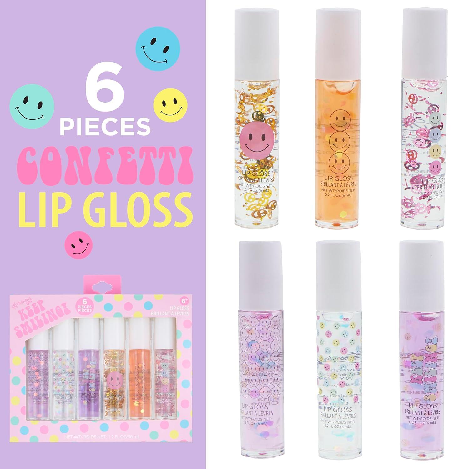 image:imageEXPRESSIONS 6pc Lip Gloss Set High Shine Confetti Lip Gloss Tubes wRollerball Applicator Tips Hydrating Roll On Lip Gloss Safe and NonToxic Lip Gloss Gift Set For Girls KEEP SMILING