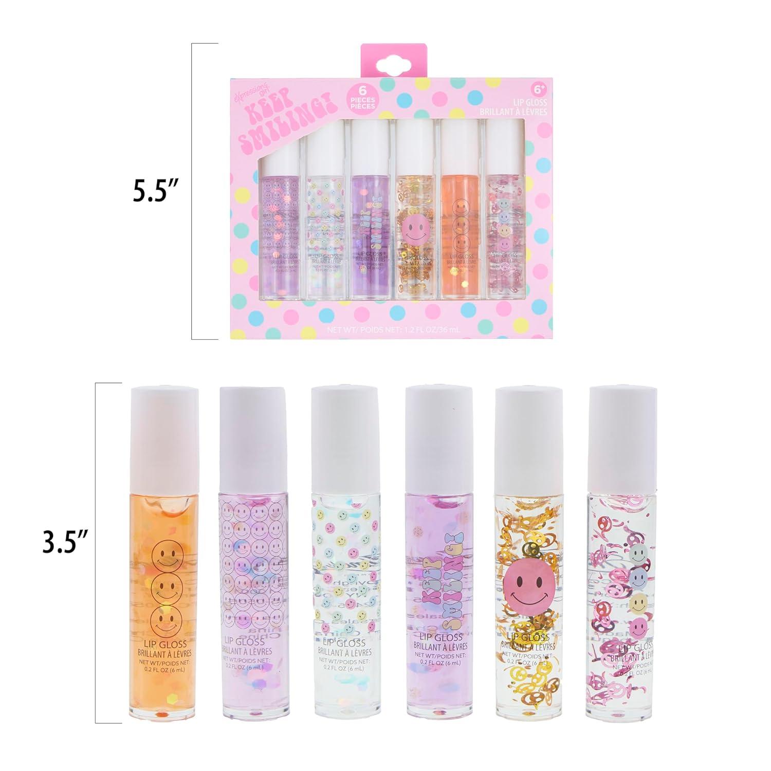 image:imageEXPRESSIONS 6pc Lip Gloss Set High Shine Confetti Lip Gloss Tubes wRollerball Applicator Tips Hydrating Roll On Lip Gloss Safe and NonToxic Lip Gloss Gift Set For Girls KEEP SMILING